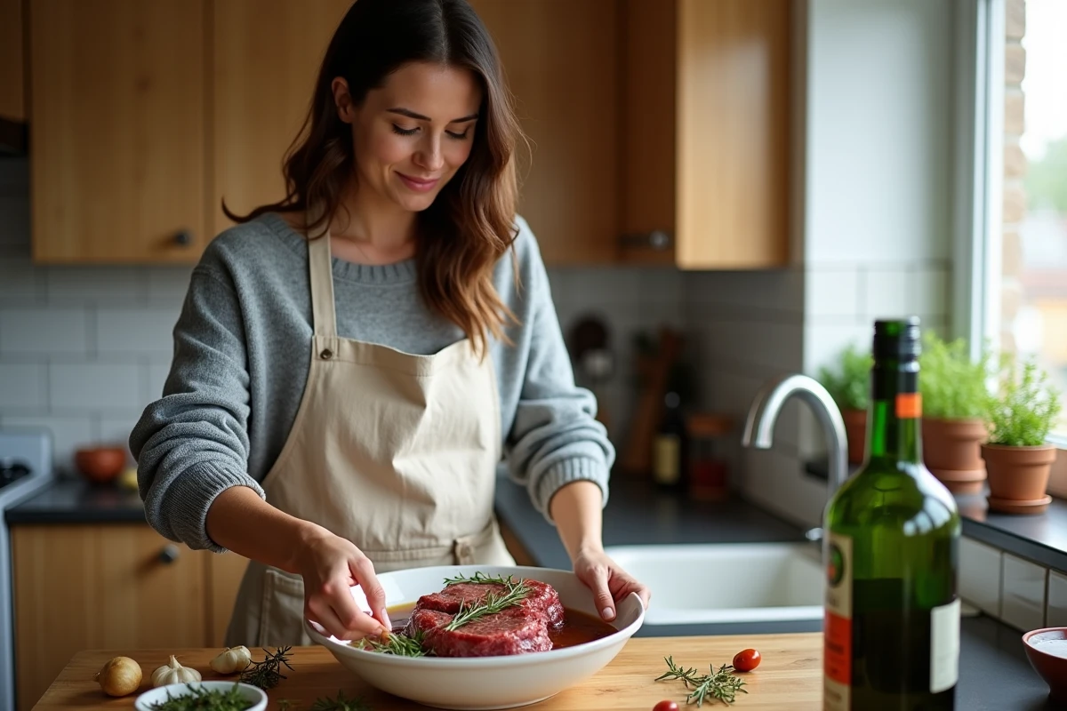 Femme marinant des steaks de gibier dans du Jägermeister avec des herbes fraîches dans une cuisine familiale