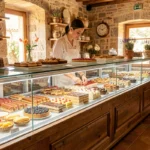 Vitrine de pâtisserie provençale avec une sélection de gâteaux colorés et une cheffe pâtissière en tablier blanc