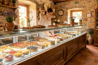 Vitrine de pâtisserie provençale avec une sélection de gâteaux colorés et une cheffe pâtissière en tablier blanc