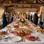 Buffet de traiteur élégant dans une salle de réception du Grand Est avec charcuteries, pâtisseries et spécialités régionales