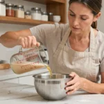 Femme mesurant 40 cl de liquide dans un verre doseur pour une recette de pâtisserie sur un plan de travail en marbre blanc