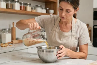 Femme mesurant 40 cl de liquide dans un verre doseur pour une recette de pâtisserie sur un plan de travail en marbre blanc