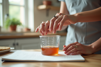 Mains de boulanger mesurant 30 ml de liquide dans un petit verre en cuisine lumineuse