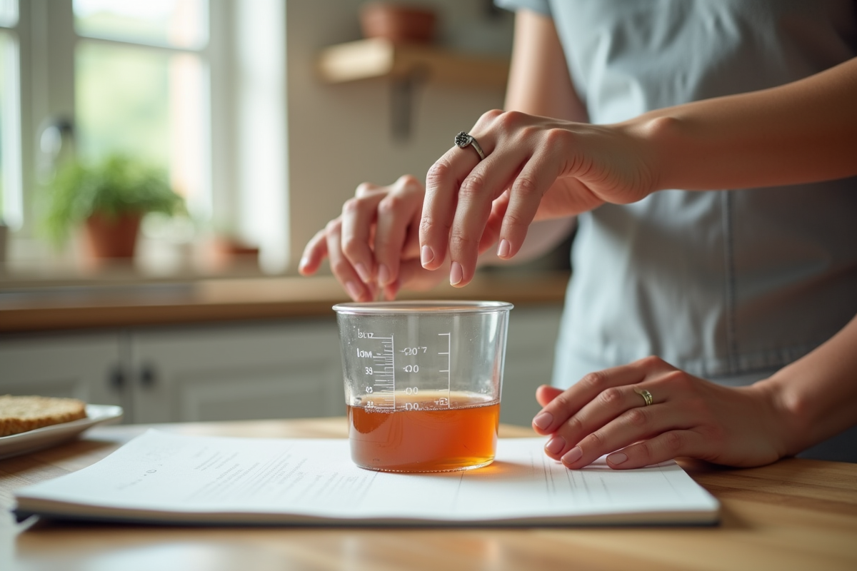 Mains de boulanger mesurant 30 ml de liquide dans un petit verre en cuisine lumineuse