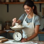 Femme mesurant 125 grammes de farine sur une balance de cuisine vintage avec des tasses à mesurer autour