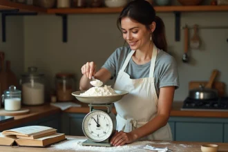 Femme mesurant 125 grammes de farine sur une balance de cuisine vintage avec des tasses à mesurer autour
