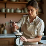 Femme mesurant 125 grammes de farine sur une balance de cuisine vintage dans une cuisine française rustique