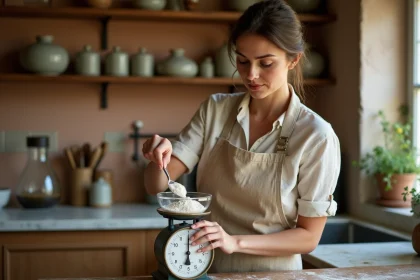 Femme mesurant 125 grammes de farine sur une balance de cuisine vintage dans une cuisine française rustique