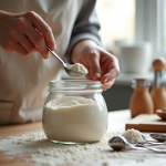 Mains prenant de la farine avec une cuillère dans la cuisine