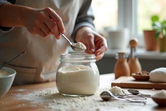 Mains prenant de la farine avec une cuillère dans la cuisine