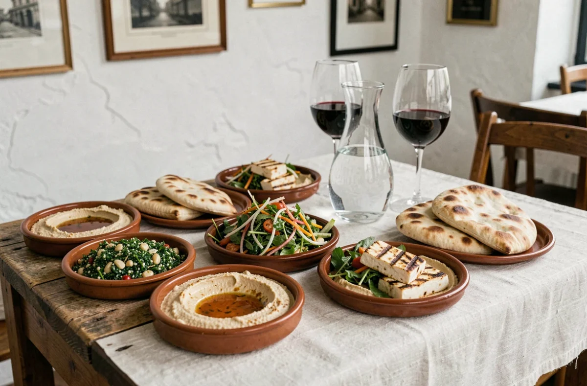 Assortiment de mezze libanais servis en petites assiettes au restaurant Le Cèdre à Paris, hummus tabbouleh et pain pita sur table en bois