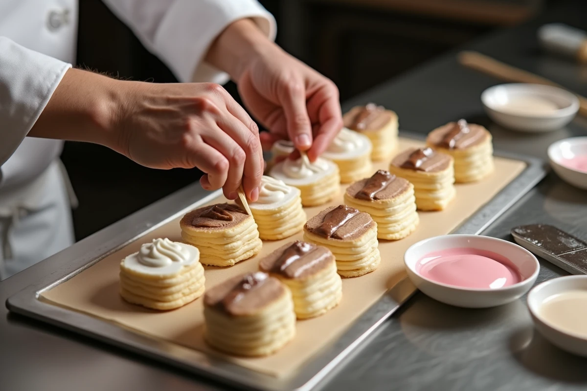 Mains de pâtissier décorant un mille-feuille avec un cure-dent pour créer des motifs de glaçage marbré en direct