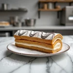 Mille-feuille avec glaçage marbré chocolat et fondant blanc, motifs en plumes élégants sur comptoir en marbre de pâtisserie française