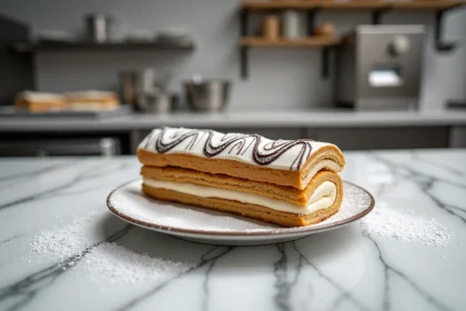 Mille-feuille avec glaçage marbré chocolat et fondant blanc, motifs en plumes élégants sur comptoir en marbre de pâtisserie française