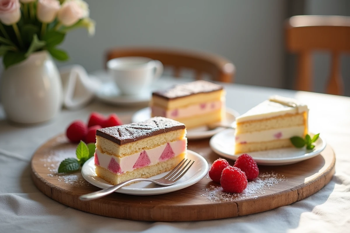 Trois parts de mille-feuille avec décorations de glaçage variées : marbrures, motifs géométriques et feuille d'or sur plateau en bois