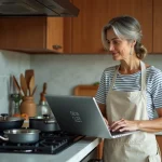 Femme cuisinant avec plusieurs casseroles sur le feu tout en consultant un minuteur de cuisson en ligne sur un ordinateur portable dans une cuisine moderne
