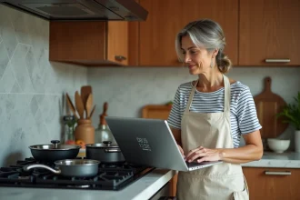 Femme cuisinant avec plusieurs casseroles sur le feu tout en consultant un minuteur de cuisson en ligne sur un ordinateur portable dans une cuisine moderne