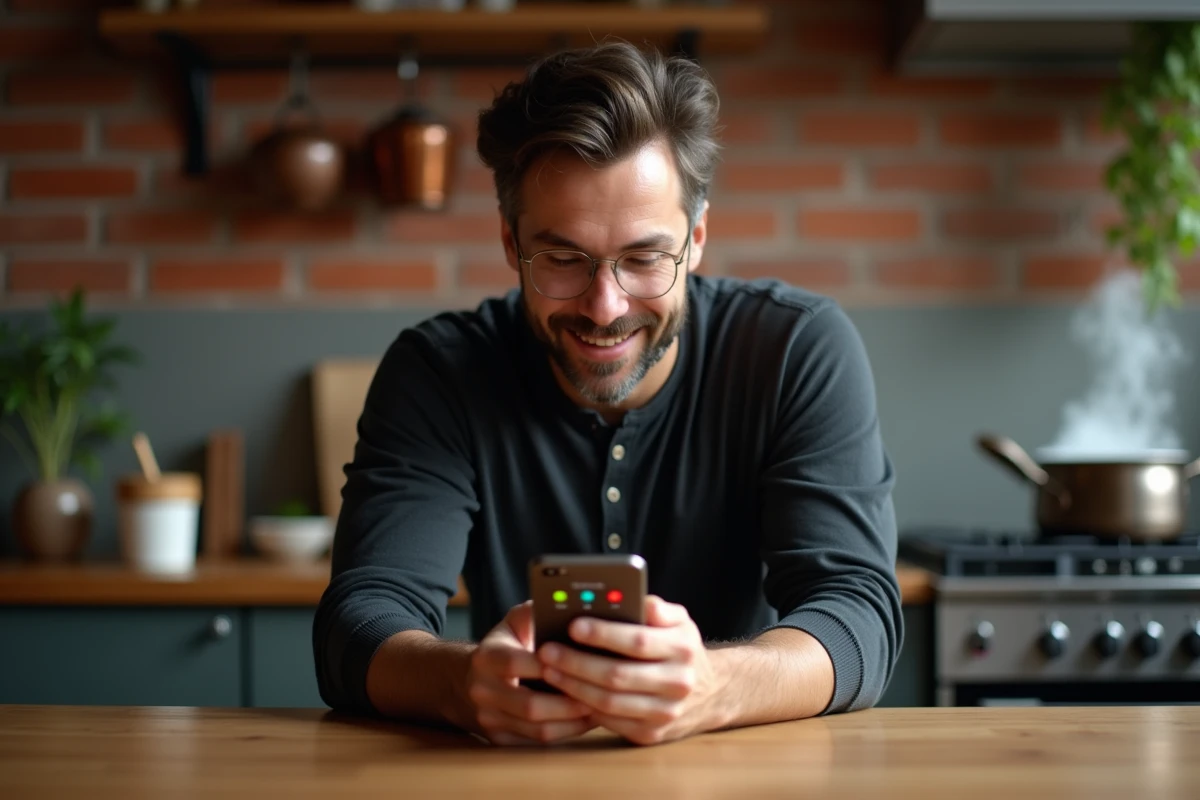 Homme utilisant une application minuteur de cuisson multi-casseroles sur smartphone dans une cuisine chaleureuse avec marmite sur le feu