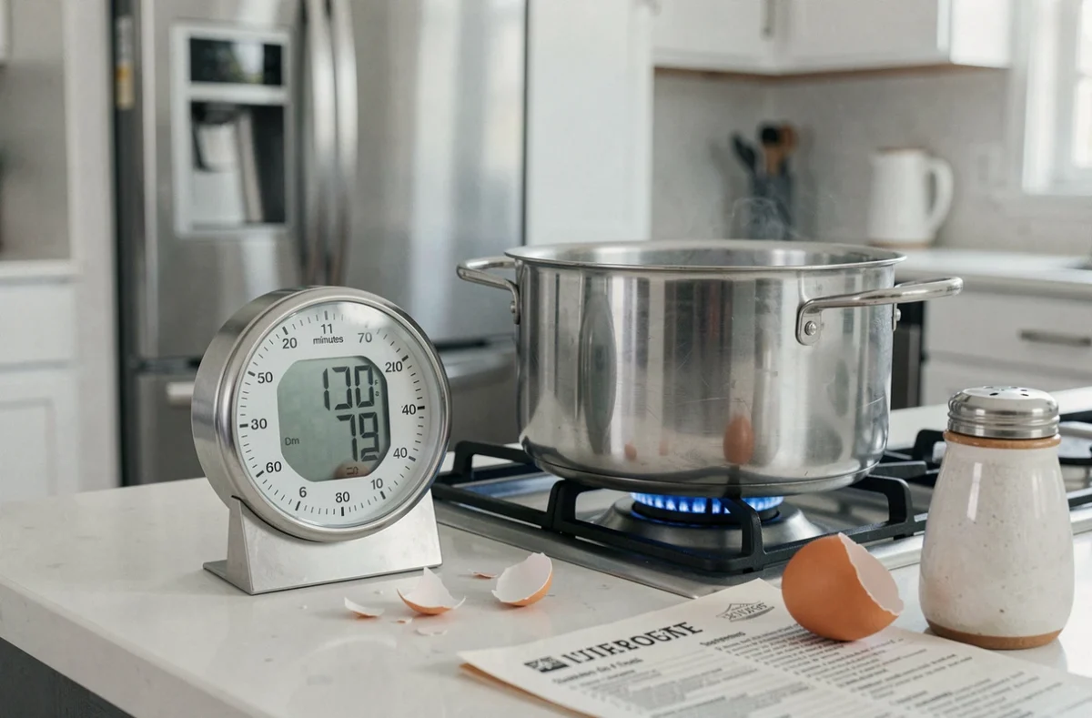 Minuteur de cuisine posé près d'une casserole d'eau froide avec des œufs pour illustrer la méthode de cuisson correcte