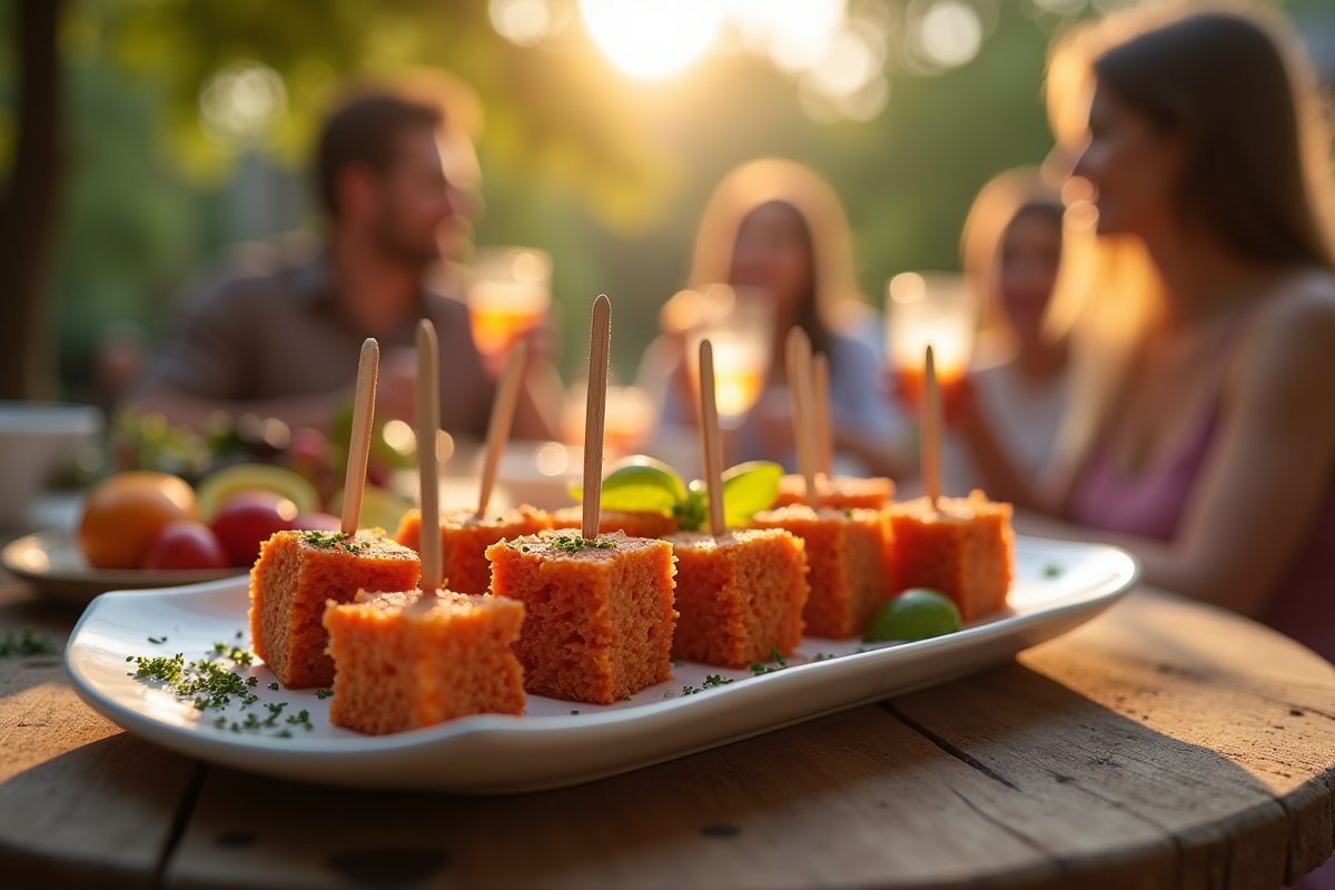 Cubes de gâteau de chorizo sur plateau en céramique lors d
