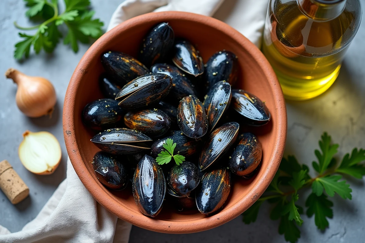 Vue en plongée de moules de bouchot fraîches dans une passoire en terre cuite avec des ingrédients de cuisine traditionnelle sur un plan de travail en pierre