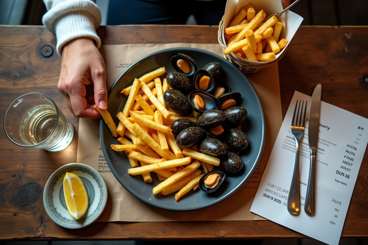 Assiette de moules-frites abordable dans une brasserie lilloise, vue de dessus avec addition posée sur la table