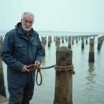 Mytiliculteur en combinaison de travail sur un ponton normand, entouré de pieux de bouchots couverts de moules à marée basse