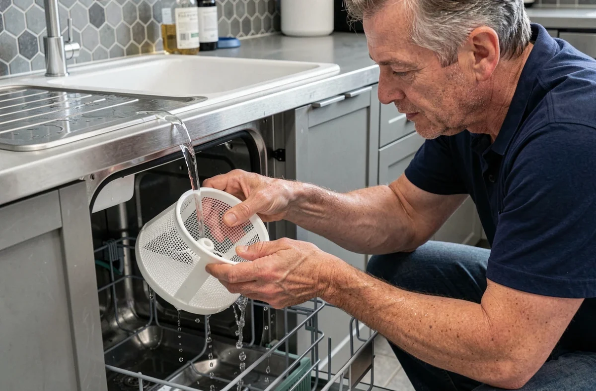 Homme nettoyant le filtre d'un lave-vaisselle Valberg sous l'eau du robinet dans une cuisine