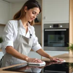 Femme nettoyant une plaque vitrocéramique noire avec un chiffon microfibre dans une cuisine moderne
