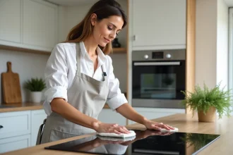 Femme nettoyant une plaque vitrocéramique noire avec un chiffon microfibre dans une cuisine moderne