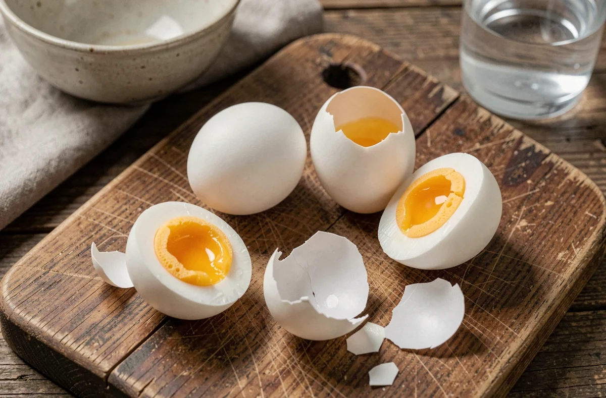 Œufs durs pelés sur une planche en bois révélant un jaune parfaitement cuit après cuisson à l'eau froide