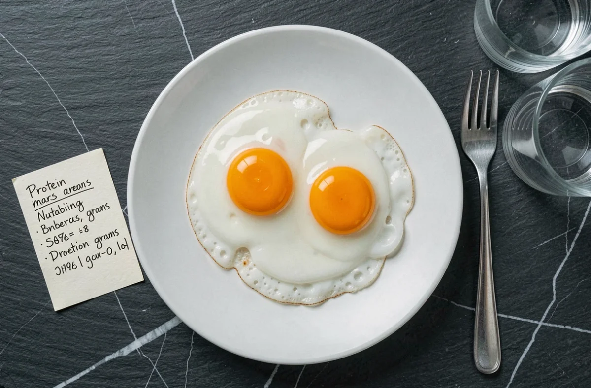 Vue de dessus d'œufs au plat sur assiette blanche avec macros nutritionnels écrits à la main sur fond ardoise