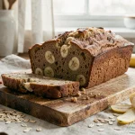 Pain aux bananes moelleux sans sucre raffiné tranché sur une planche en bois rustique avec des bananes mûres et des flocons d'avoine