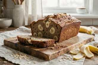 Pain aux bananes moelleux sans sucre raffiné tranché sur une planche en bois rustique avec des bananes mûres et des flocons d'avoine