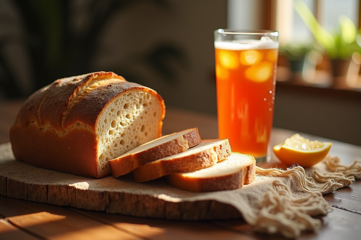 Pain au levain et kombucha sur table en bois ensoleille