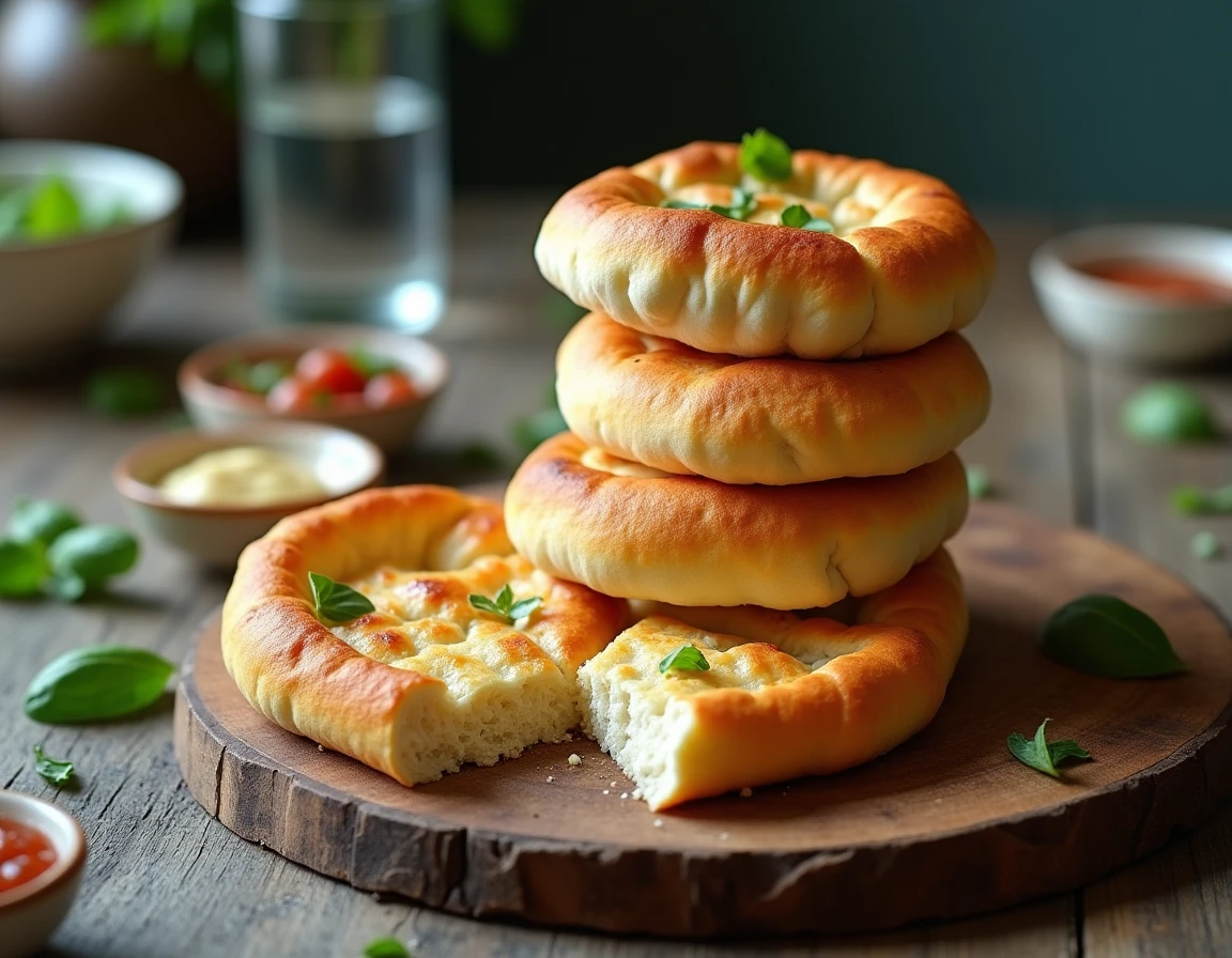 Pains à la poêle réalisés avec de la pâte à pizza empilés sur une planche en bois avec sauces et basilic frais