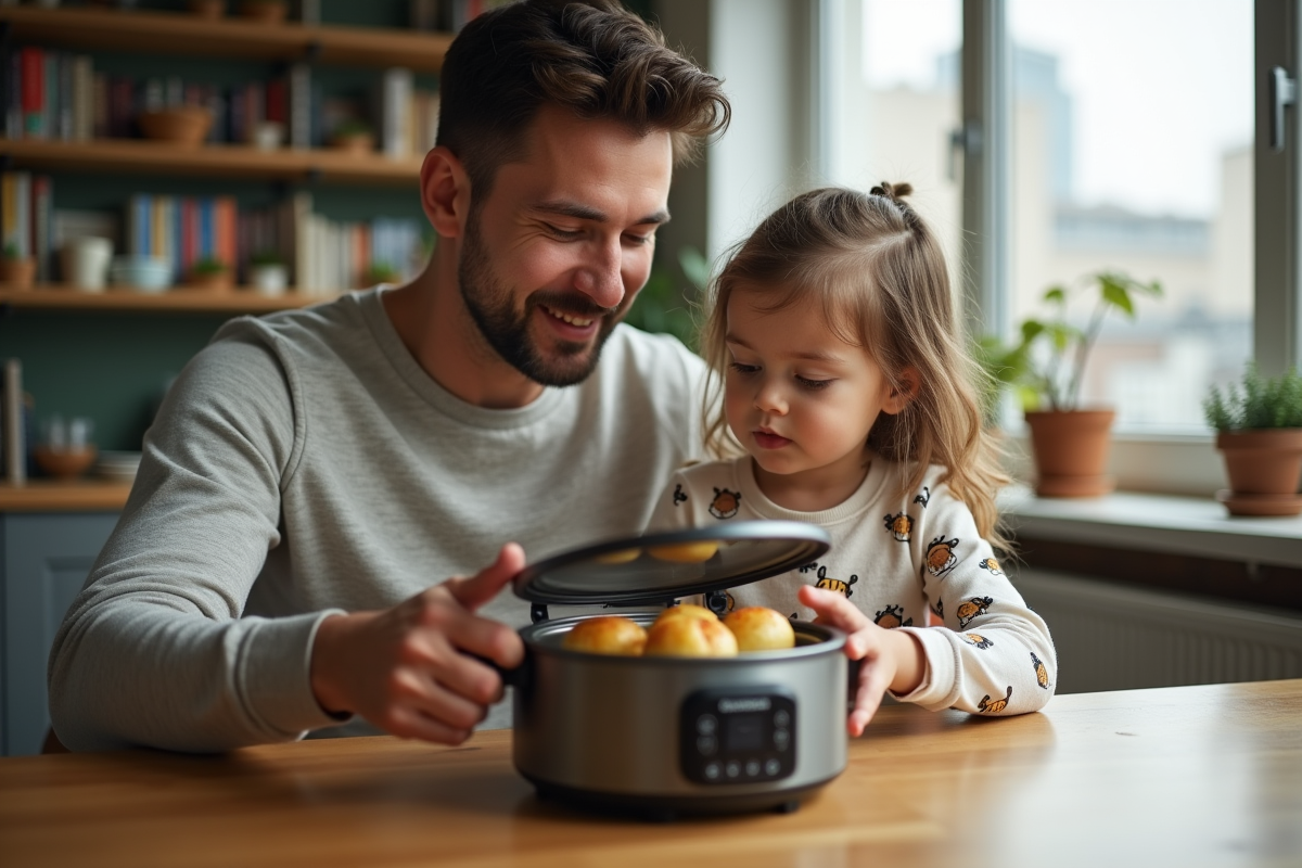 Père et fille découvrant le cuiseur vapeur dans la cuisine