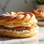 Gâteau ParisBrest tranché avec crème pralinée dorée