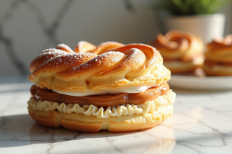 Gâteau ParisBrest tranché avec crème pralinée dorée