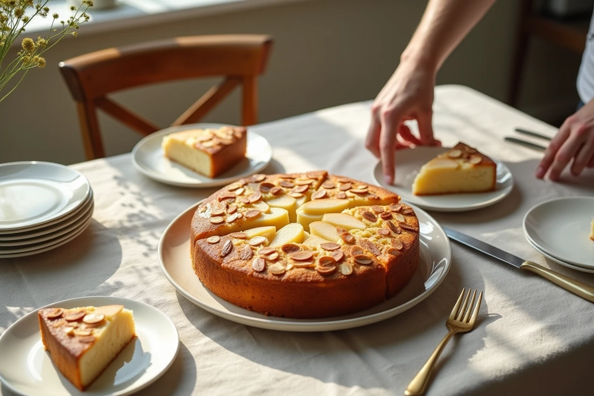 Gâteau aux poires et amandes sur une table avec amis