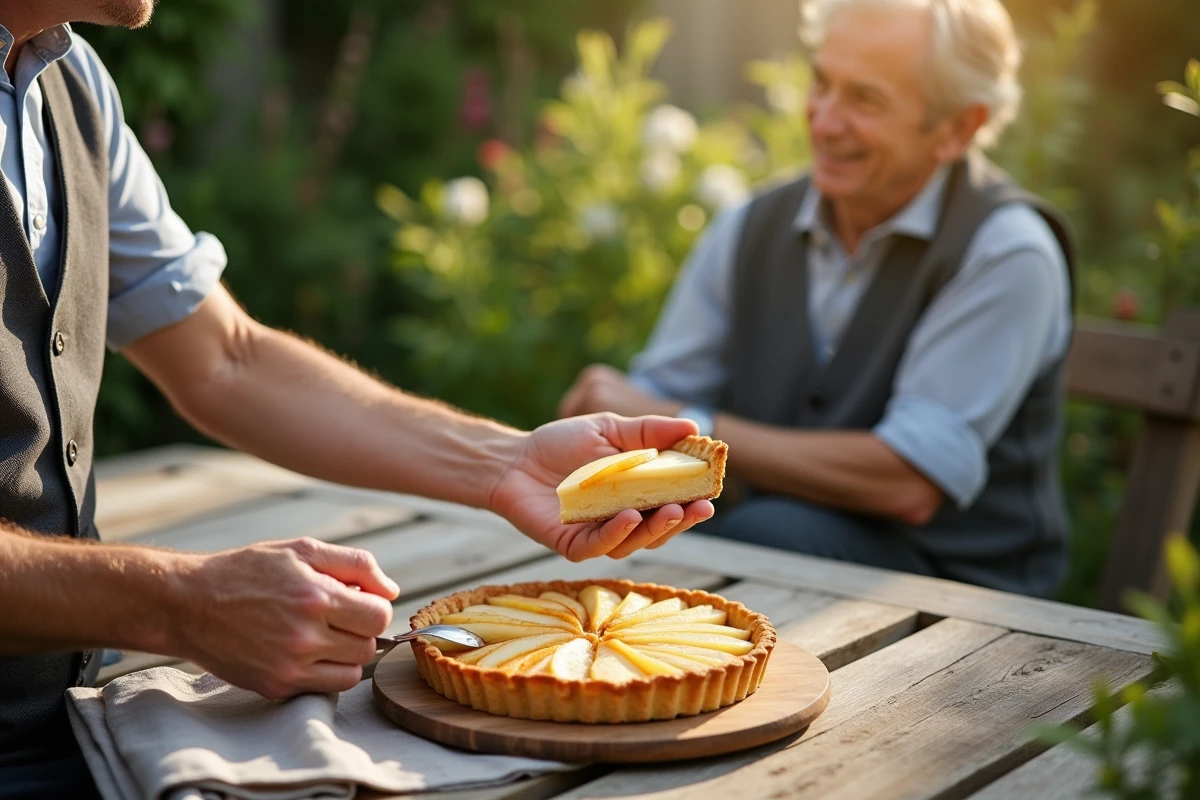 Homme servant une part de tarte aux poires dans le jardin