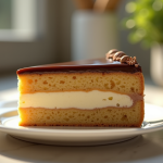 Tranche élégante de gâteau opera sur assiette blanche