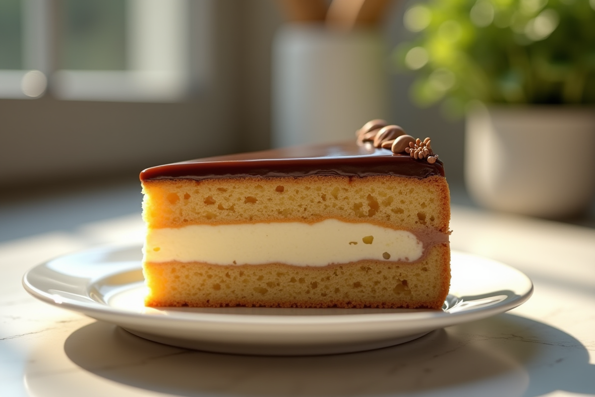 Tranche élégante de gâteau opera sur assiette blanche