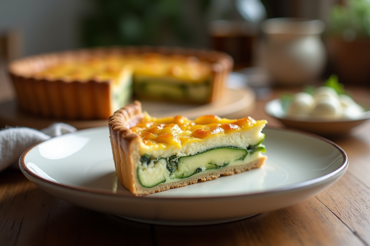 Tranche de tarte courgette et chèvre sur assiette en céramique