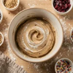 Bol de pâte à cookie crue avec des garnitures variées à personnaliser sur un plan de travail en bois, vue de dessus