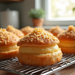 Choux pâtisserie dorés avec craquelin sur grille de refroidissement