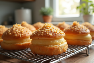Choux pâtisserie dorés avec craquelin sur grille de refroidissement