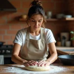 Femme en tablier de lin façonnant une boule de pâte à pizza sur un plan de travail en bois pour réaliser des pains à la poêle