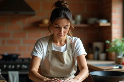 Femme en tablier de lin façonnant une boule de pâte à pizza sur un plan de travail en bois pour réaliser des pains à la poêle