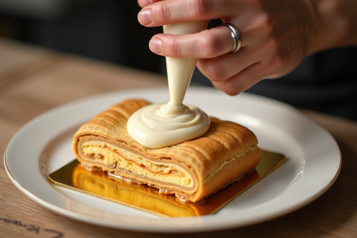 Chef piping crème pâtissière sur millefeuille en cuisine